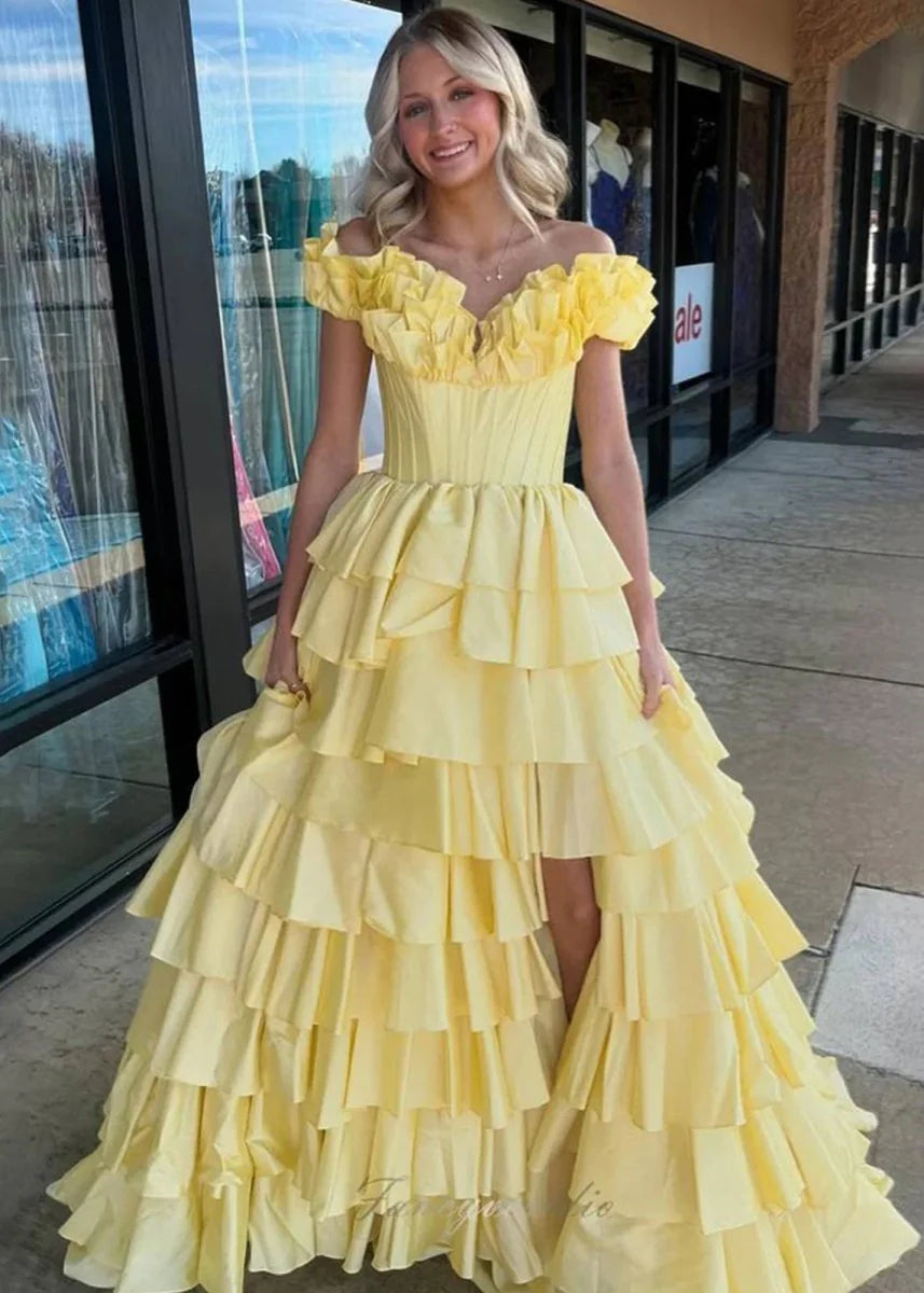 A-Line Yellow Satin Off-Shoulder Ruched Layered Lace-Up Slit Long Prom Dress With Sweep-Train