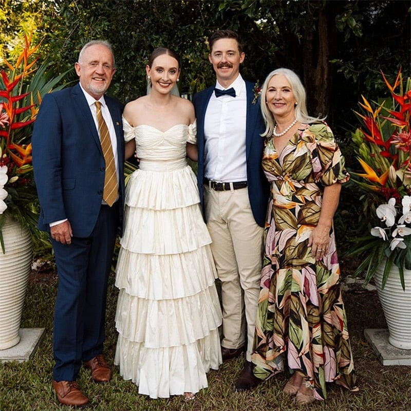 A-Line Beige Satin Multi-Tiered Ruffles Pleated Off the Shoulder Floor Length Wedding Dresses No Veils