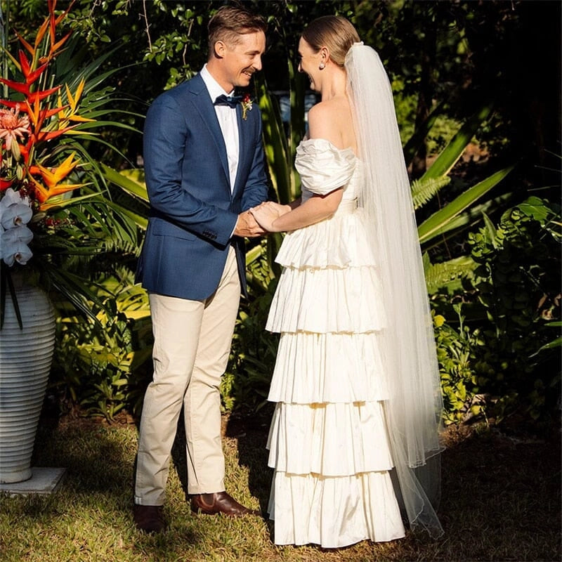 A-Line Beige Satin Multi-Tiered Ruffles Pleated Off the Shoulder Floor Length Wedding Dresses No Veils