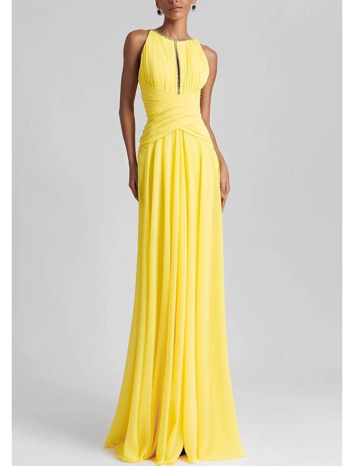 A-Line Jewel Neck Rhinestone Ruched Chiffon Yellow Floor-Length Prom Dress Hot Sale