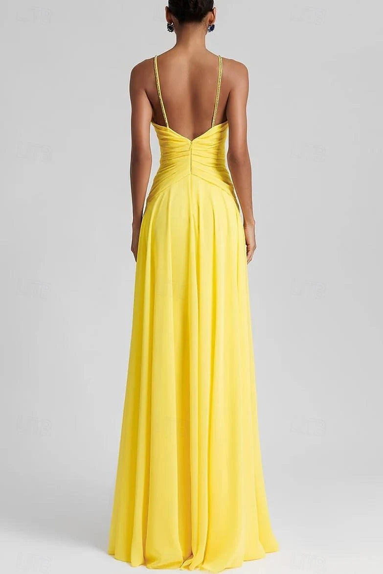 A-Line Jewel Neck Rhinestone Ruched Chiffon Yellow Floor-Length Prom Dress Hot Sale