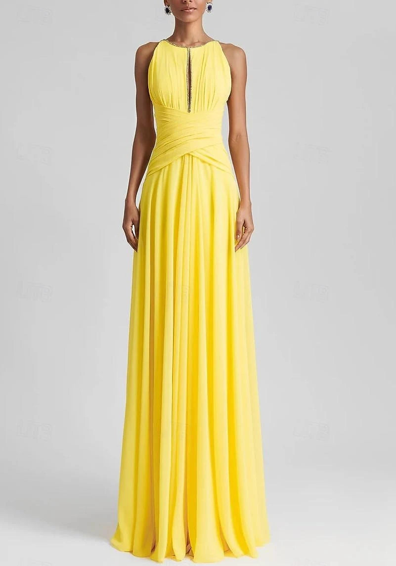 A-Line Jewel Neck Rhinestone Ruched Chiffon Yellow Floor-Length Prom Dress Hot Sale