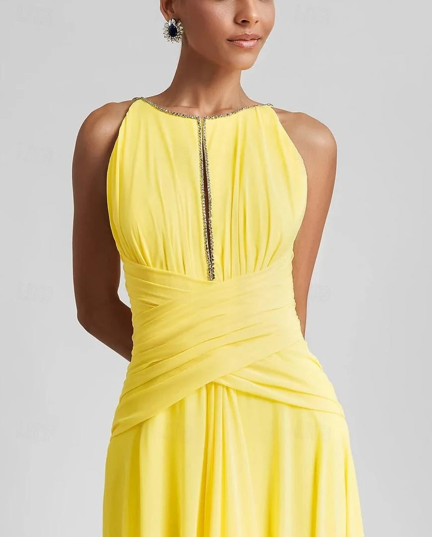 A-Line Jewel Neck Rhinestone Ruched Chiffon Yellow Floor-Length Prom Dress Hot Sale