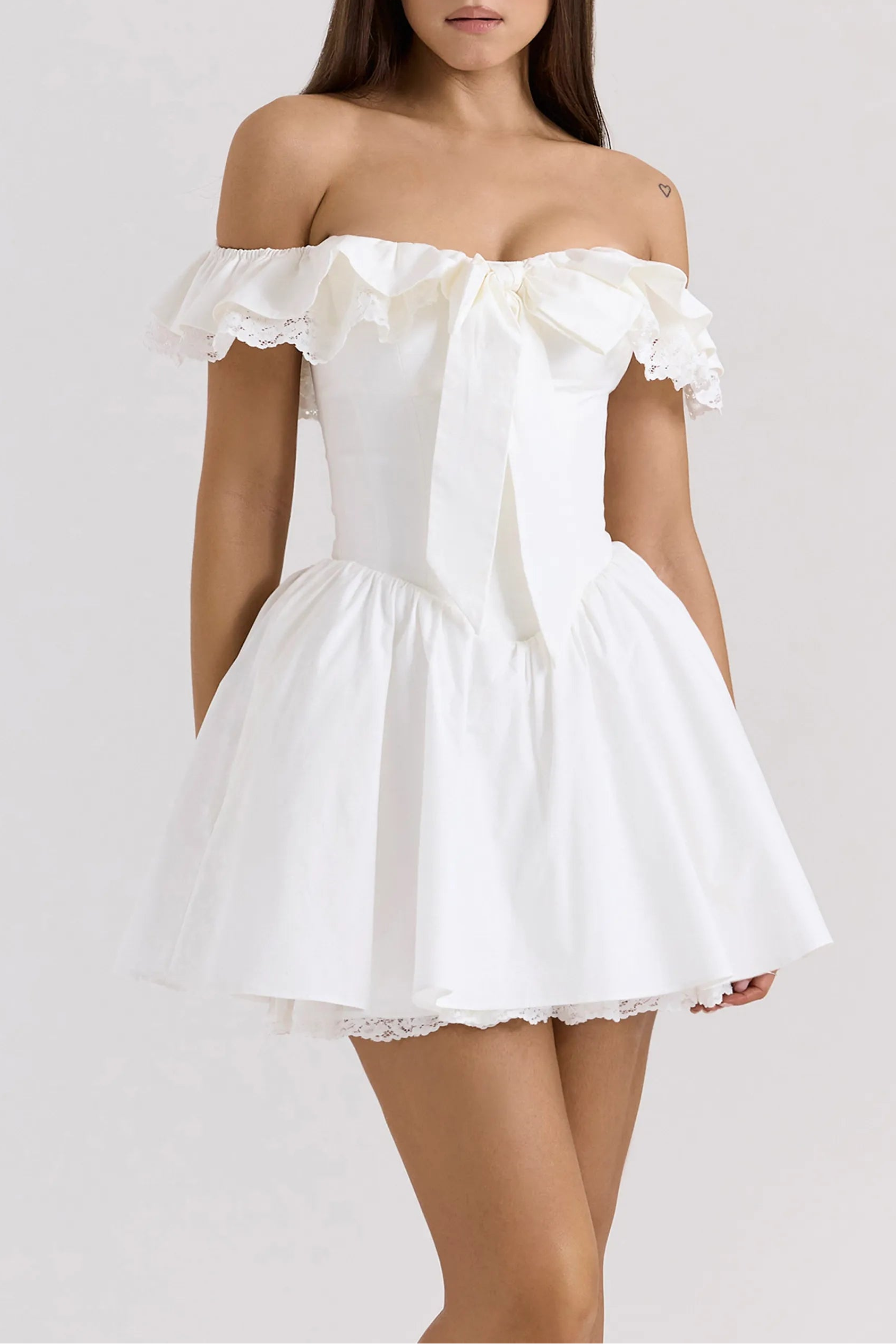 A-Line Off-the-Shoulder Lace Trim Bow White Short Homecoming Dress With Pockets