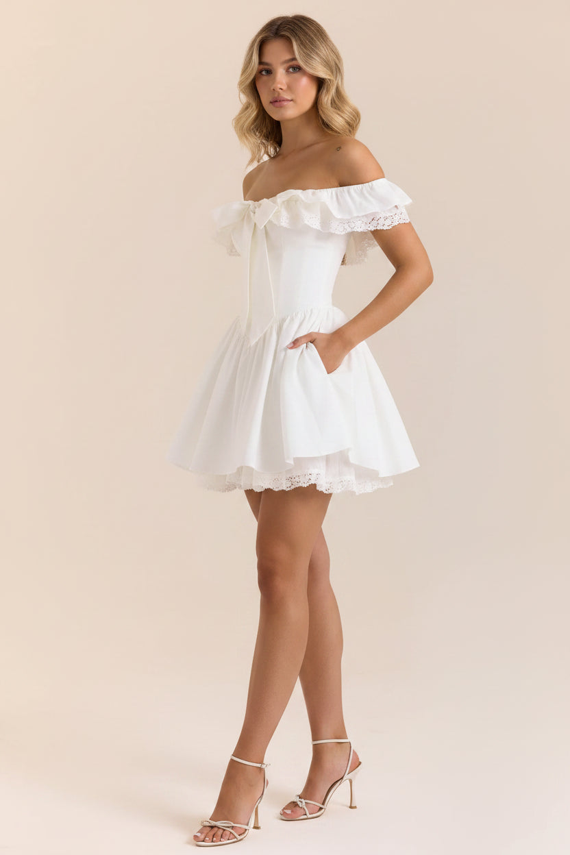 A-Line Off-the-Shoulder Lace Trim Bow White Short Homecoming Dress With Pockets