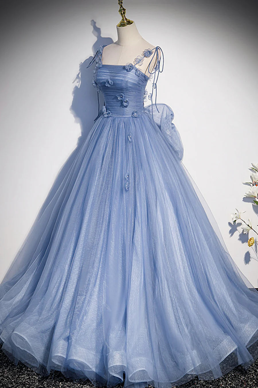 A-Line Spaghetti Strap 3D Flowers Pleated Tulle Blue Long Prom Dress With Bow