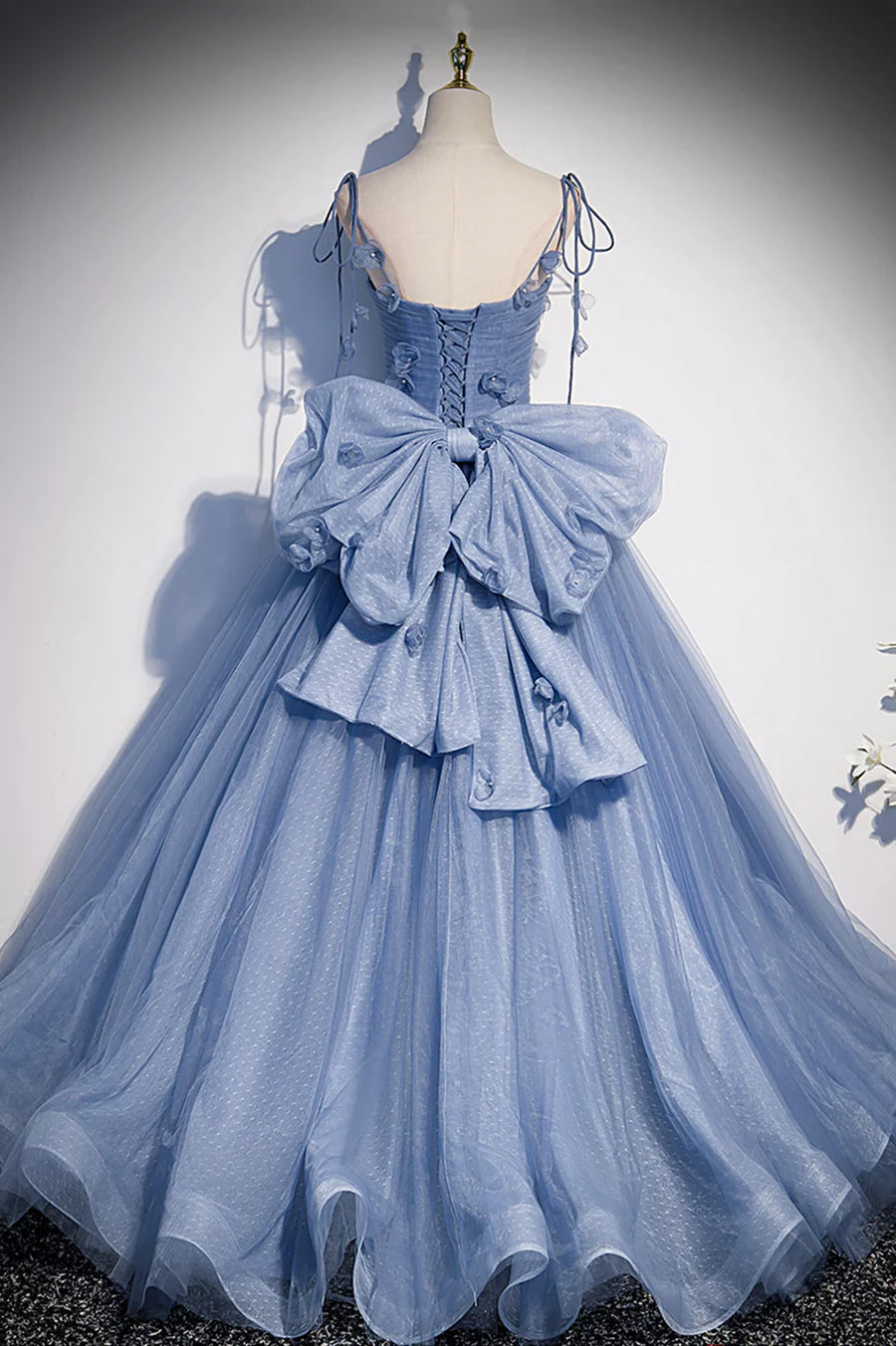 A-Line Spaghetti Strap 3D Flowers Pleated Tulle Blue Long Prom Dress With Bow