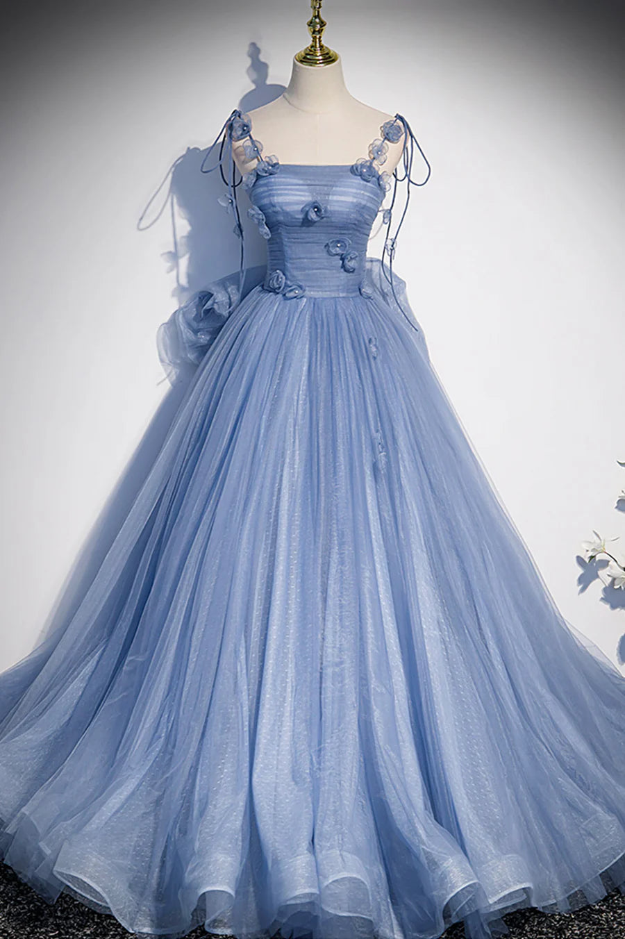 A-Line Spaghetti Strap 3D Flowers Pleated Tulle Blue Long Prom Dress With Bow