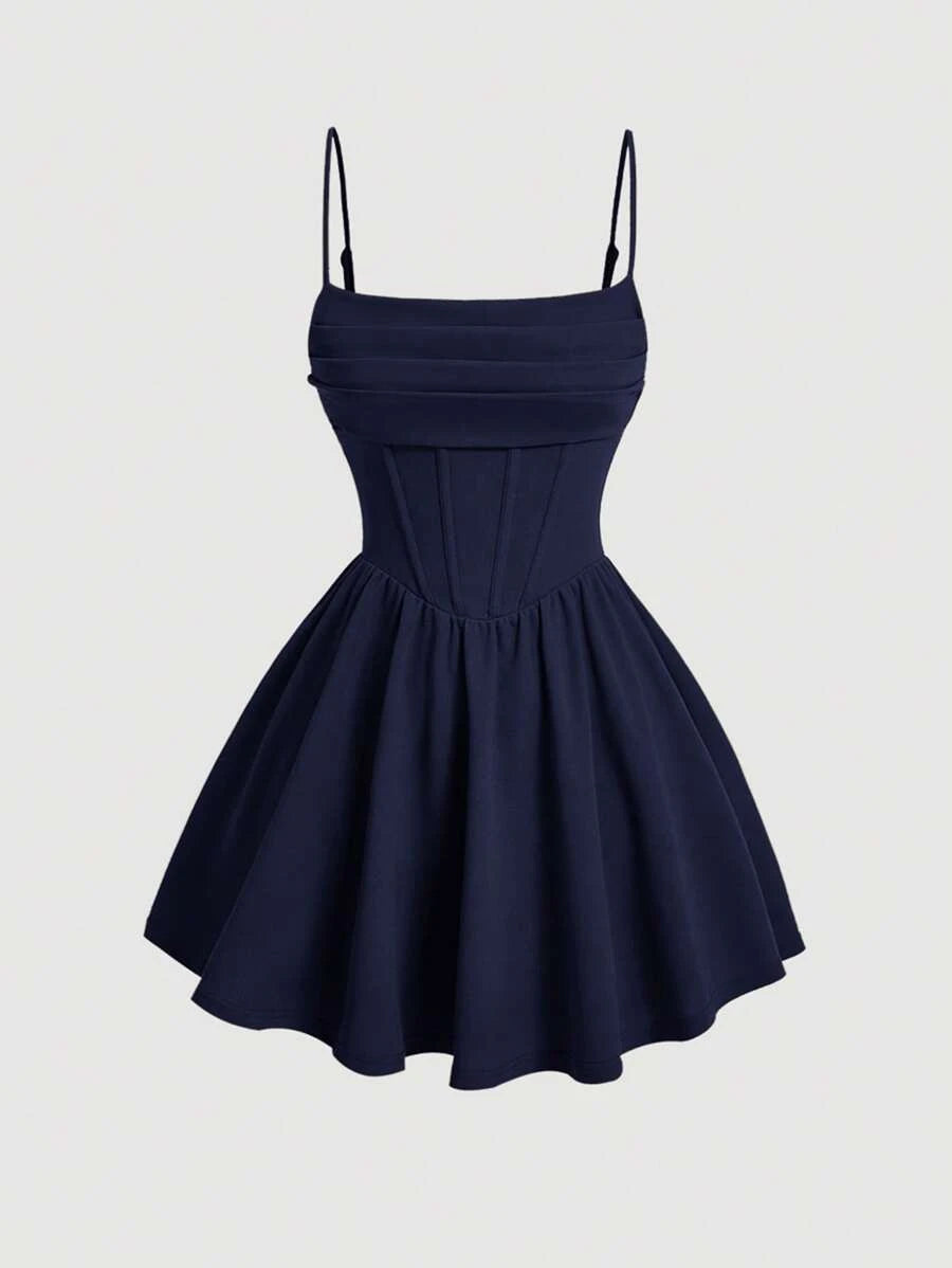 A-Line Spaghetti Straps Pleated Corset Navy Blue Short Homecoming Dress