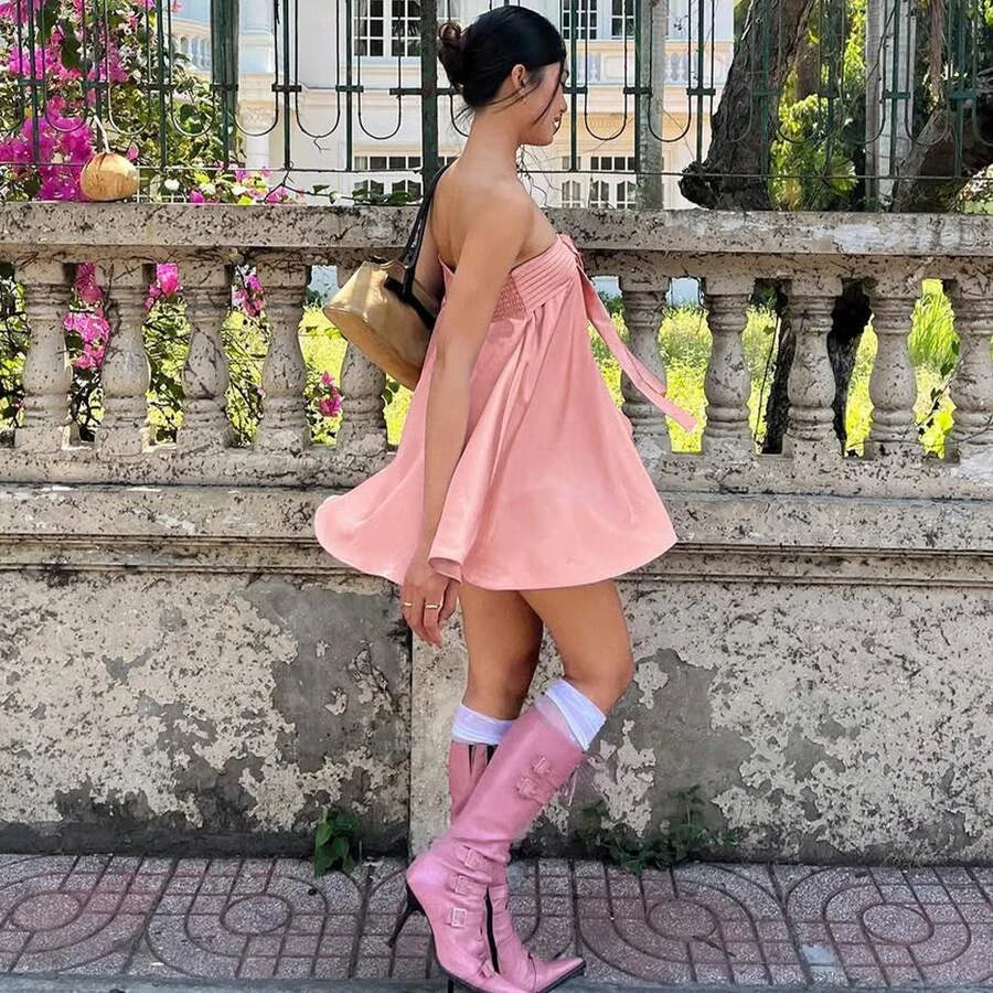 A-Line Strapless Bow-knot Pleated Satin Pink Short Homecoming Dress For Ladies