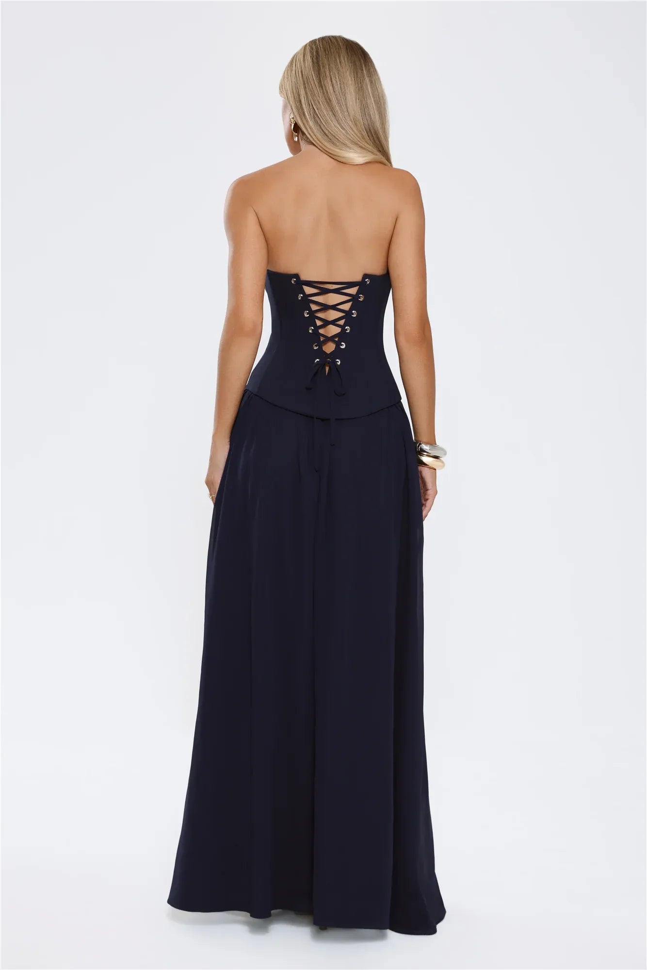A-Line Strapless Corset High Slit Navy Blue Floor-Length Prom Dress Ready To Ship