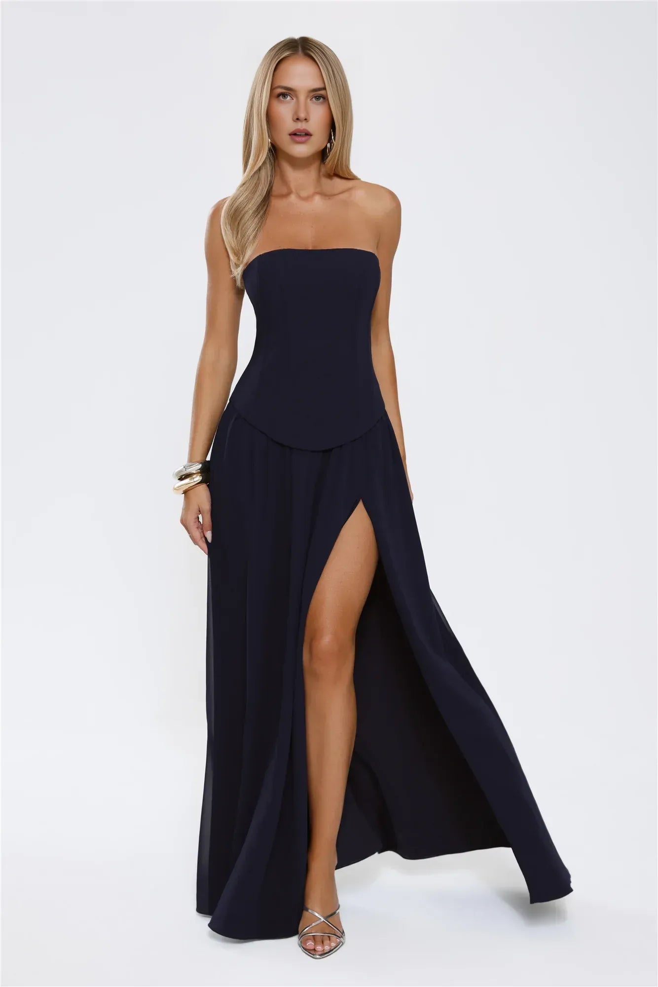 A-Line Strapless Corset High Slit Navy Blue Floor-Length Prom Dress Ready To Ship