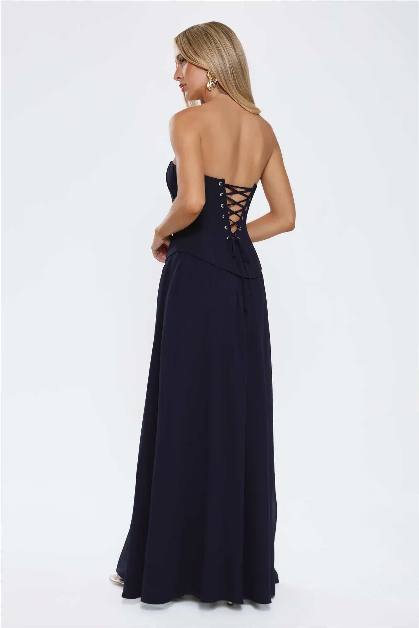 A-Line Strapless Corset High Slit Navy Blue Floor-Length Prom Dress Ready To Ship