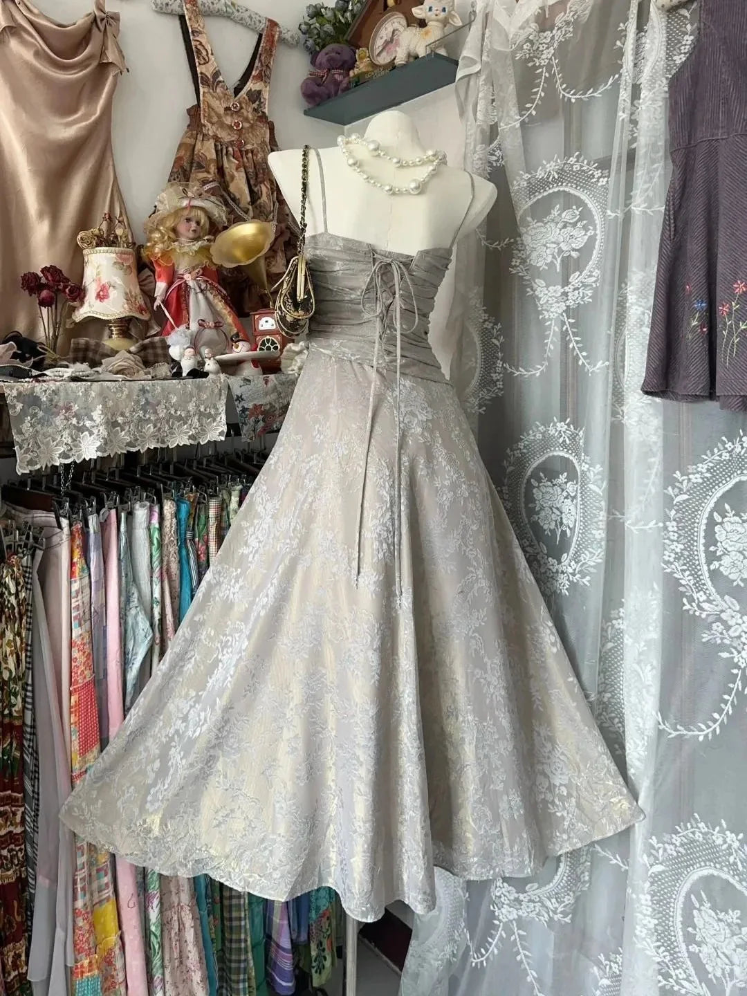 A-line Beautiful Grey Floral Prints Spaghetti Straps Lace Up Prom Dress With Asymmetrical Hem