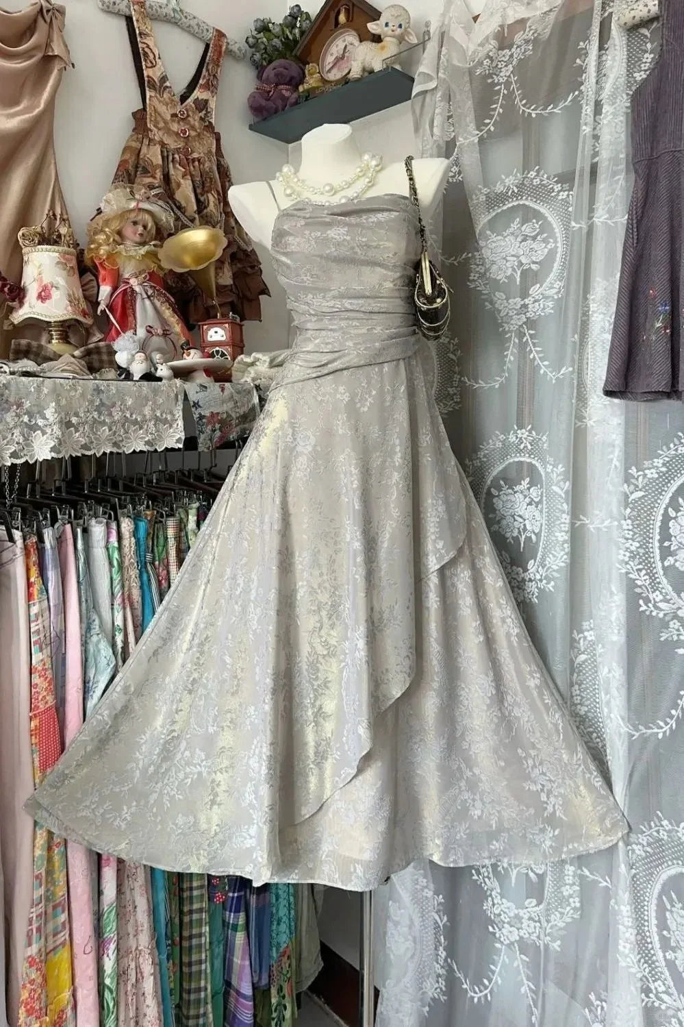 A-line Beautiful Grey Floral Prints Spaghetti Straps Lace Up Prom Dress With Asymmetrical Hem
