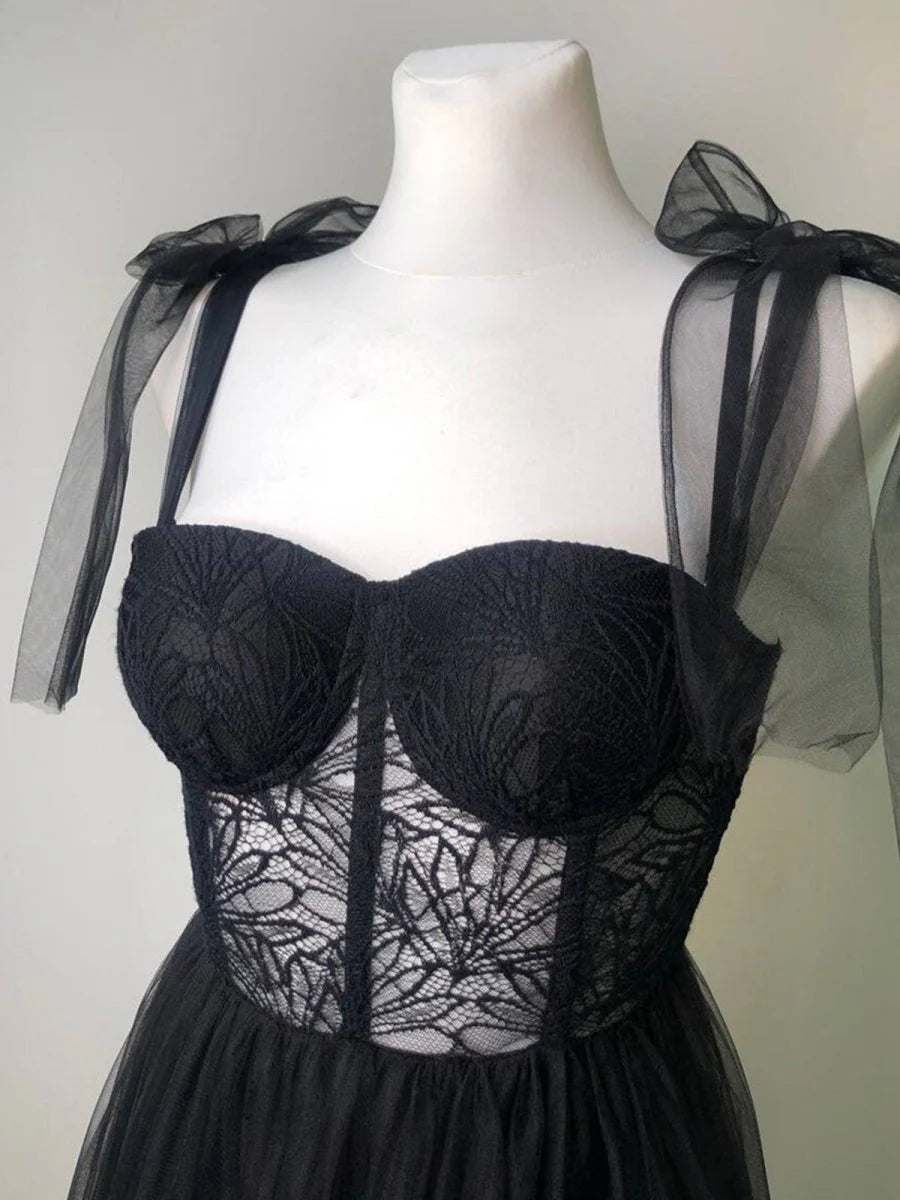 A-line Black Tulle Lace Corset Tulle Floor Length Long Prom Dress Hot Sale Party Dresses For Women