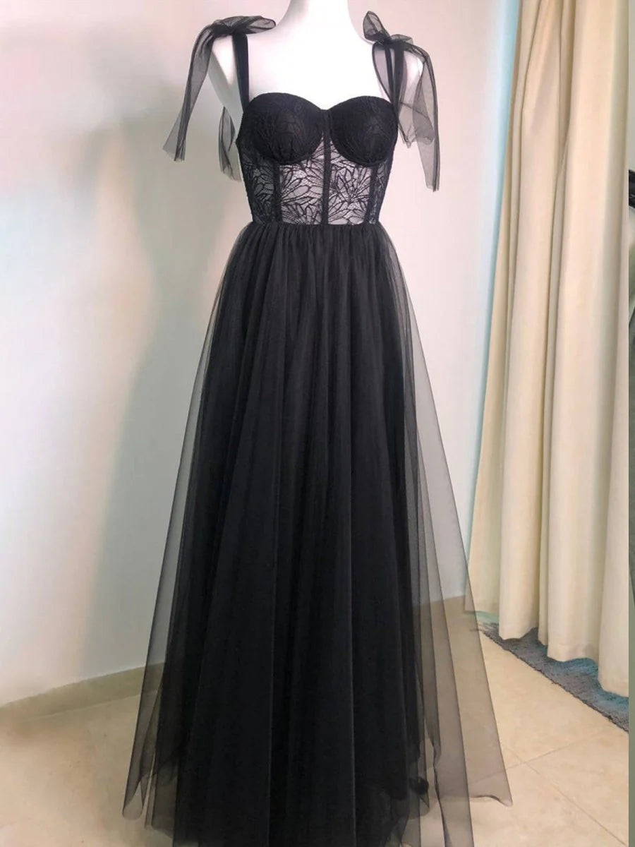 A-line Black Tulle Lace Corset Tulle Floor Length Long Prom Dress Hot Sale Party Dresses For Women