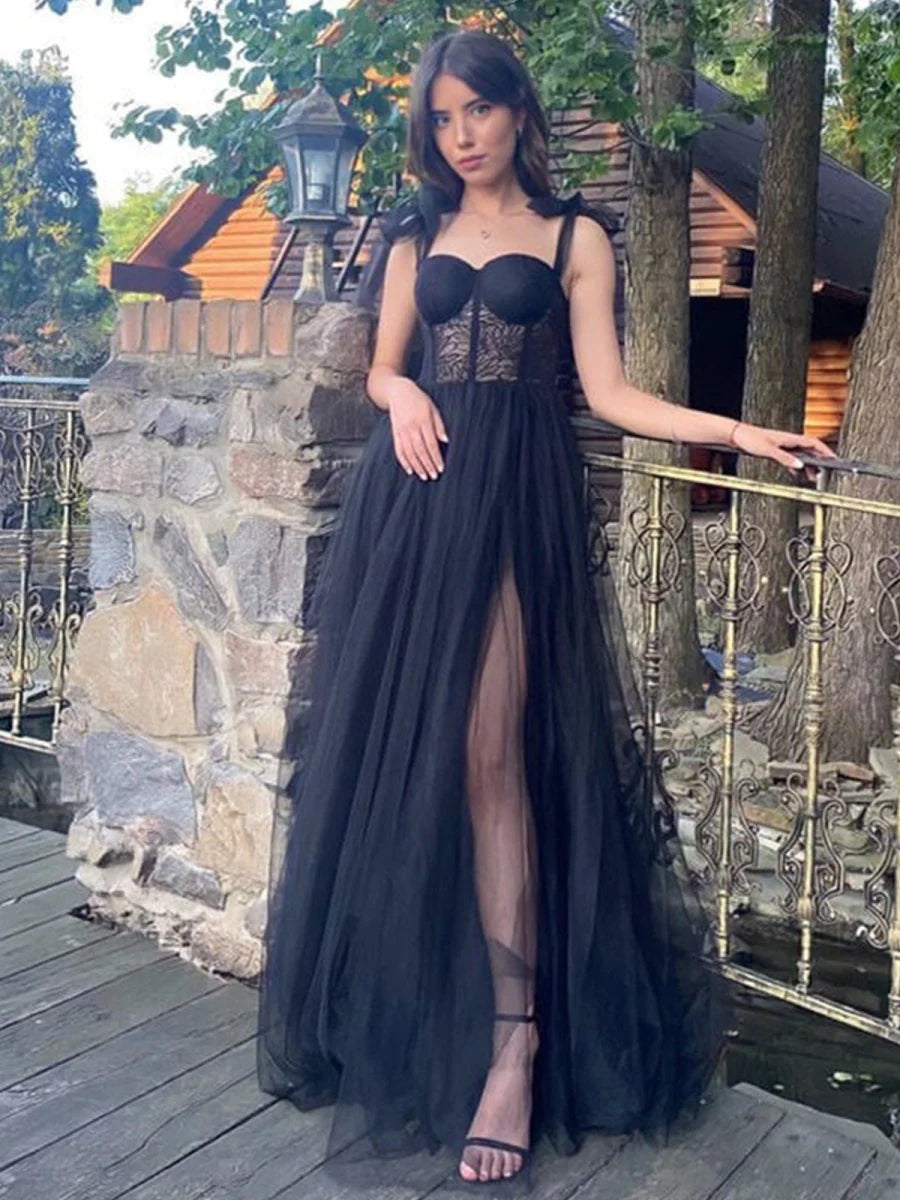 A-line Black Tulle Lace Corset Tulle Floor Length Long Prom Dress Hot Sale Party Dresses For Women