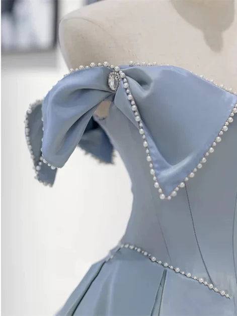 A-line Blue Beaded Off Shoulder Long Satin Prom Dress Party Dress Evening Dress