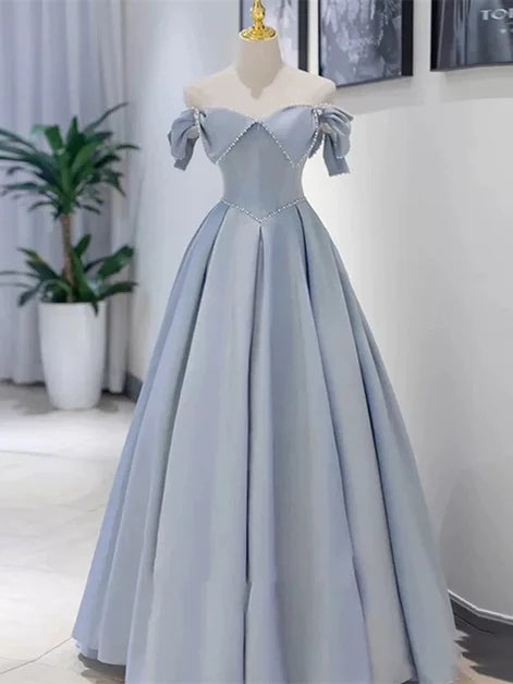 A-line Blue Beaded Off Shoulder Long Satin Prom Dress Party Dress Evening Dress