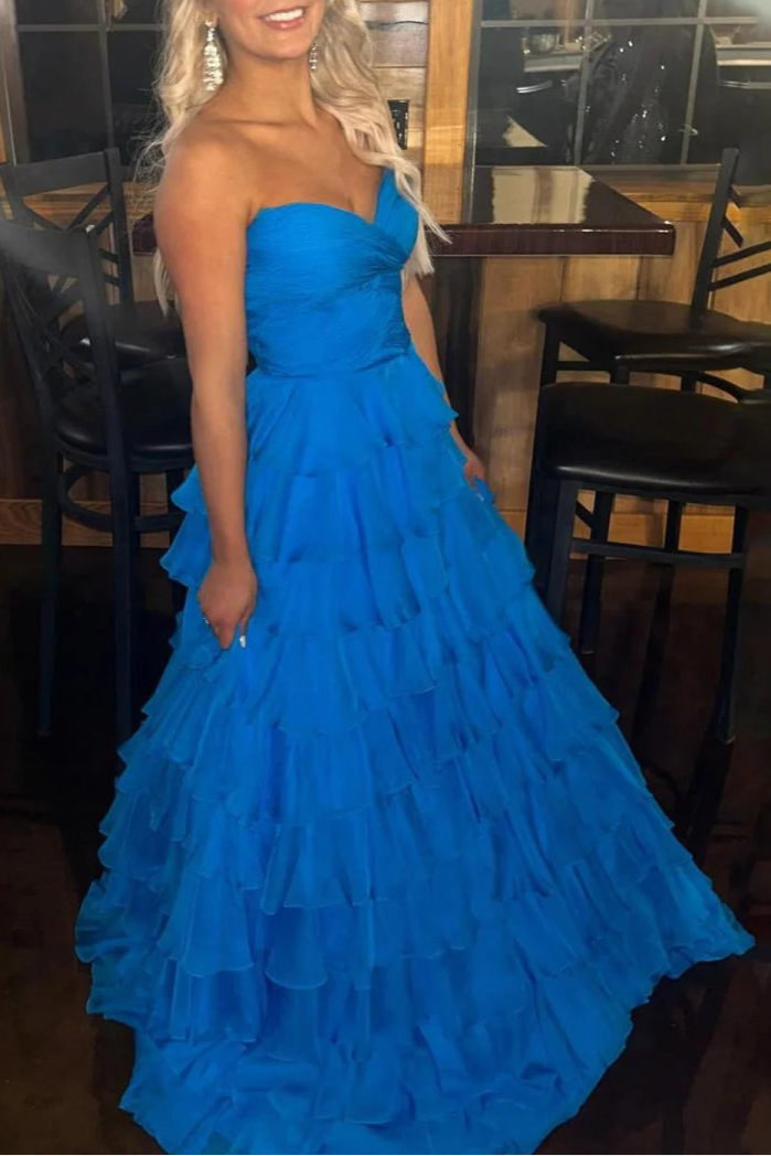 A-line Blue Chiffon Sweetheart Ruffle Tiered A-line Prom Dresses Discount Long Party Dresses