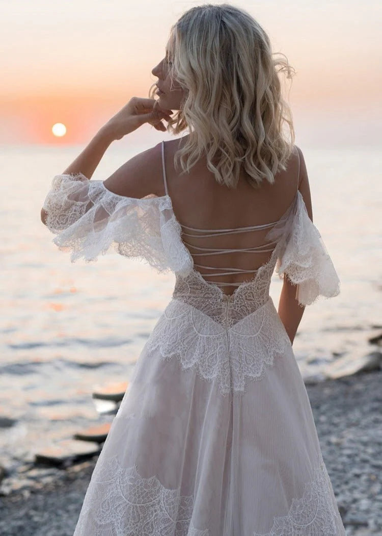 A-line Bohemian Champagne Floral Lace Spaghetti Straps Backless Train Beach Wedding Dresses