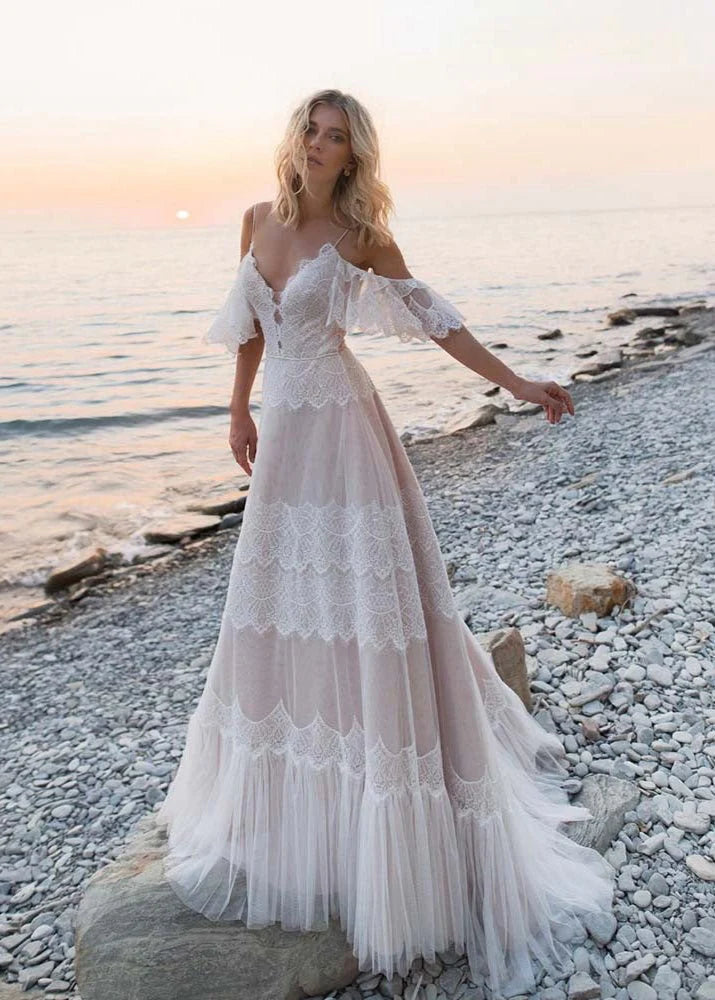A-line Bohemian Champagne Floral Lace Spaghetti Straps Backless Train Beach Wedding Dresses