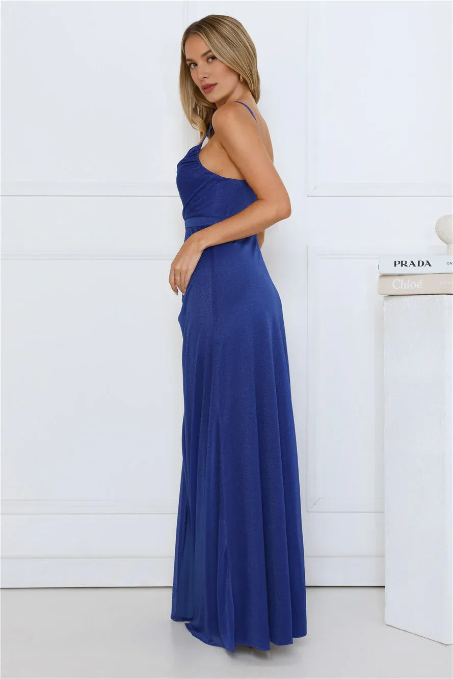 A-line Cowl Neck Pleated Side Slit Blue Maxi Prom Dress With Streamer