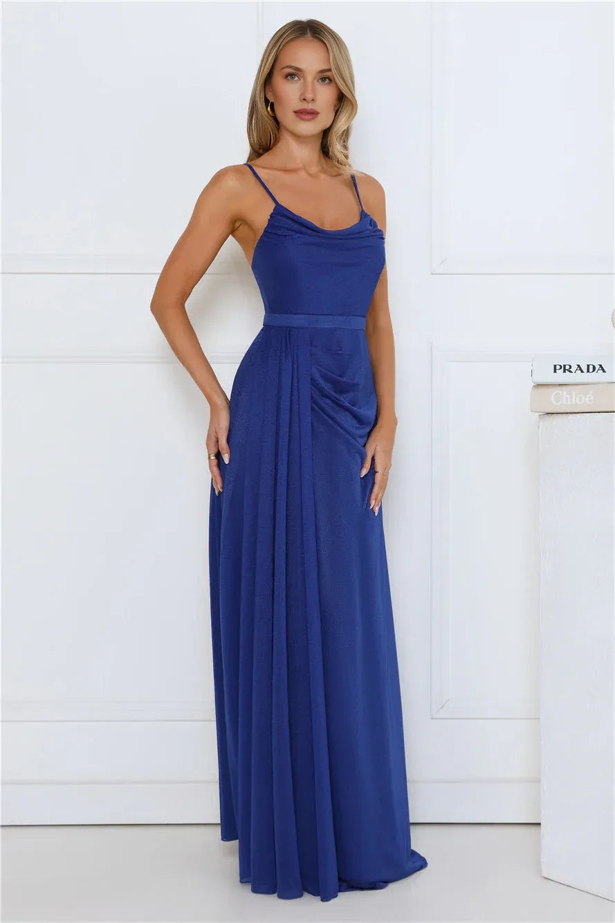 A-line Cowl Neck Pleated Side Slit Blue Maxi Prom Dress With Streamer