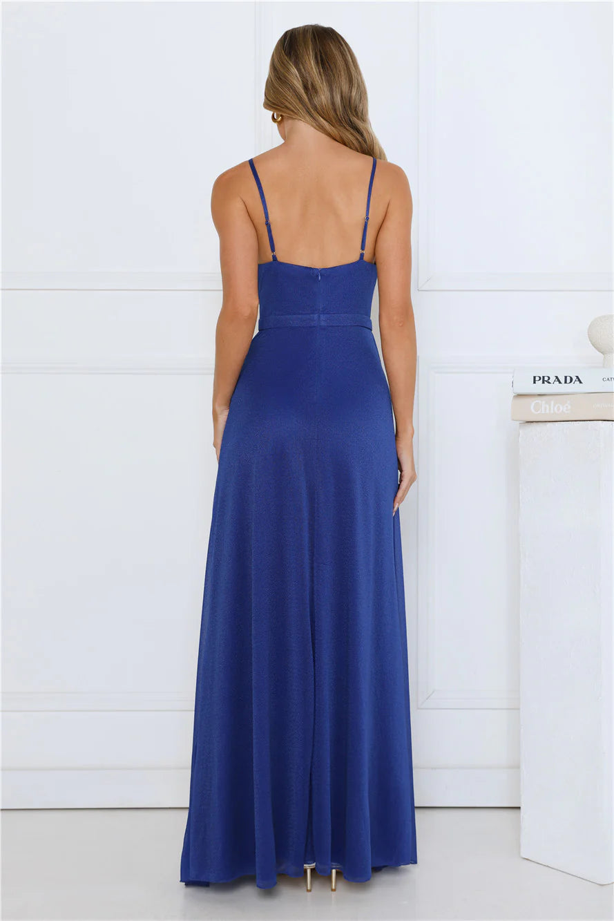 A-line Cowl Neck Pleated Side Slit Blue Maxi Prom Dress With Streamer