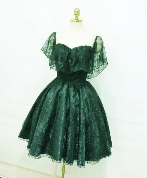 A-line Dark Green Off Shoulder Short Lace Party Dress Homecoming Dress