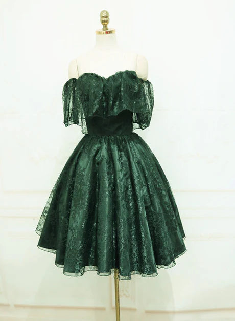 A-line Dark Green Off Shoulder Short Lace Party Dress Homecoming Dress