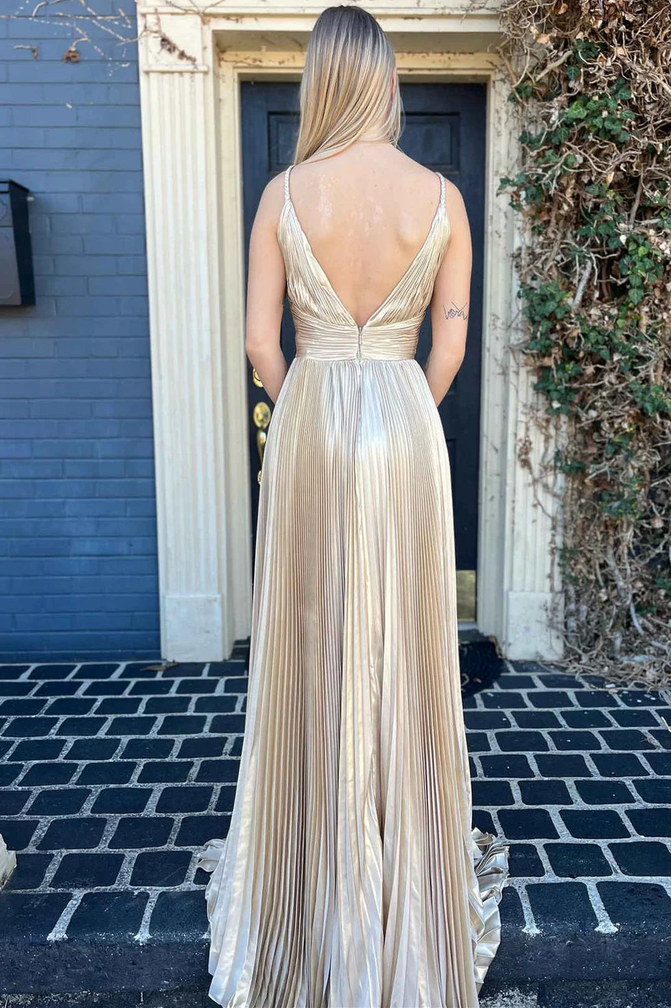 A-line Deep V-Neck Pleated Backless Satin Gold Floor Length Evening Dress
