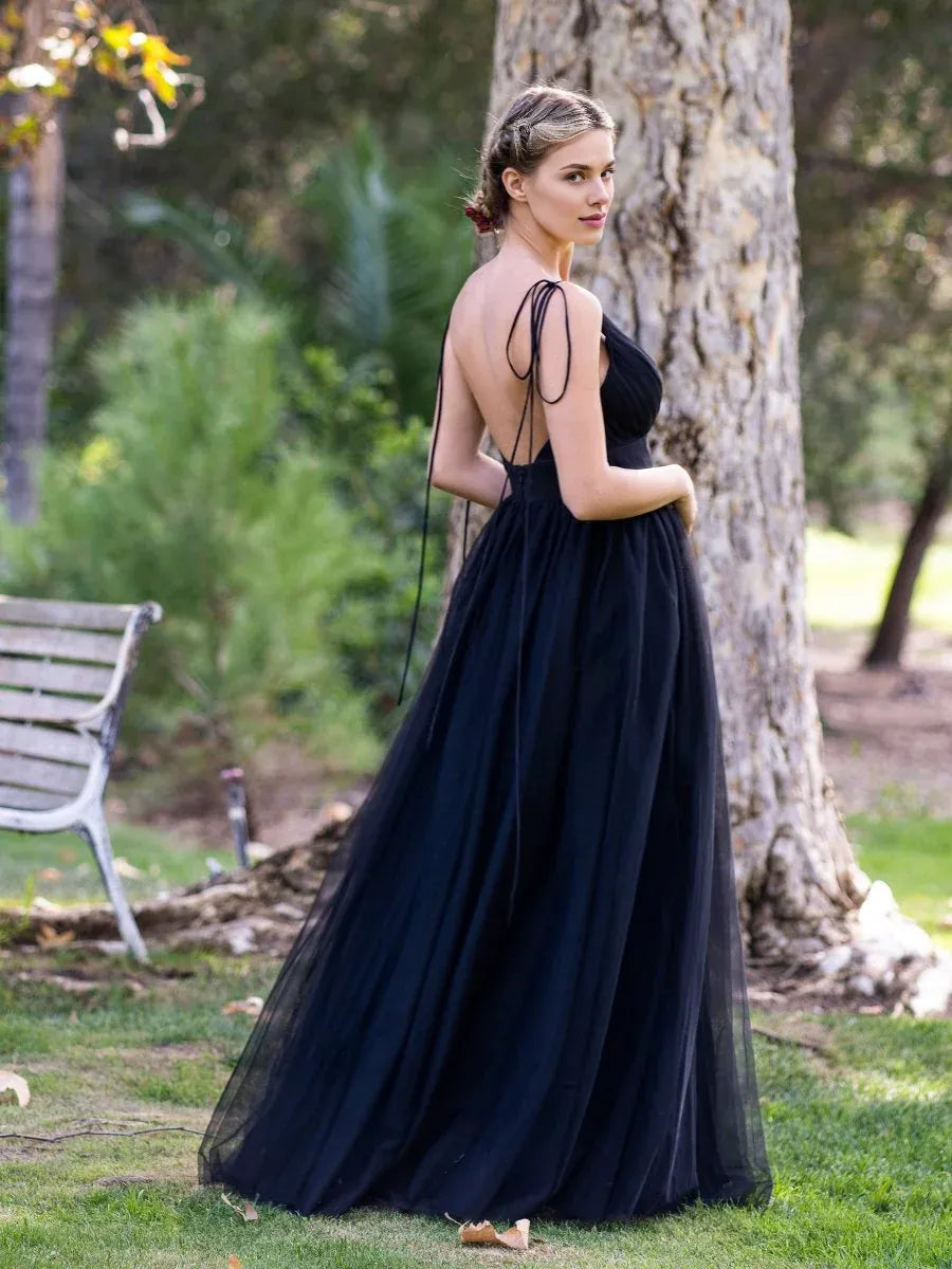 A-line Deep V-Neck Tulle Black Floor Length Prom Dress With Slit