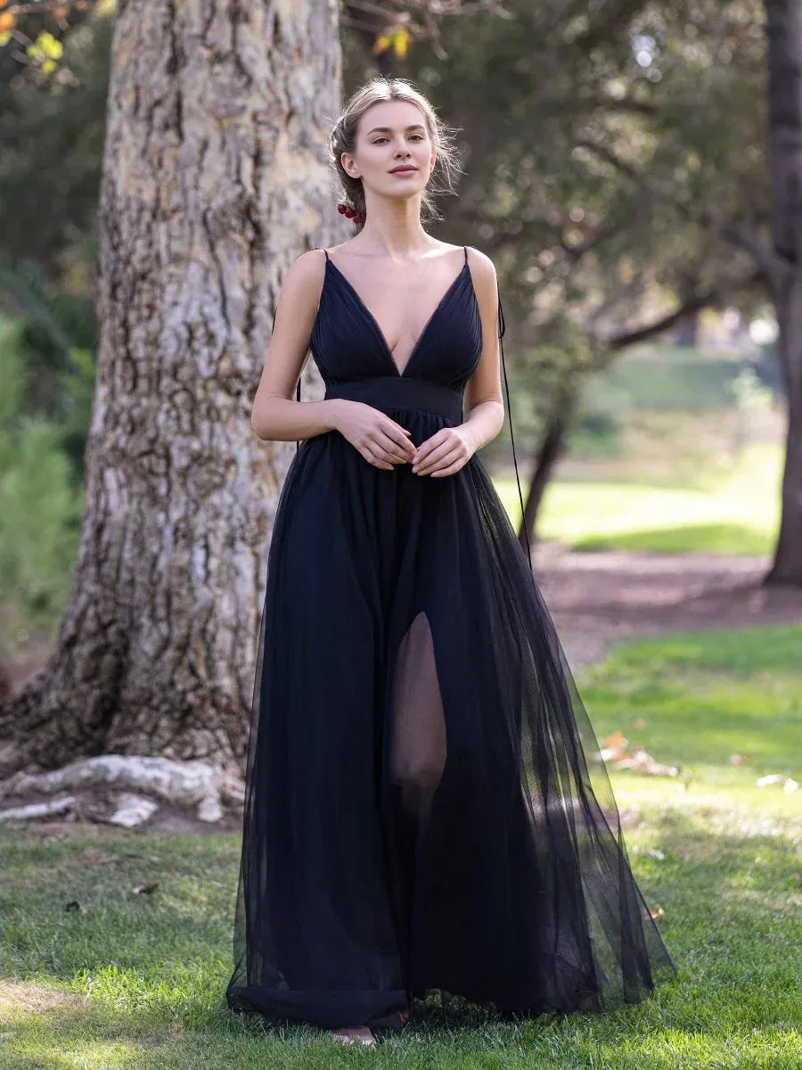 A-line Deep V-Neck Tulle Black Floor Length Prom Dress With Slit