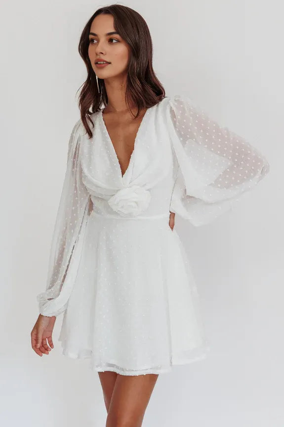 A-line Deep V Neck Long Sleeve 3D Rosette White Mini Homecoming Dress