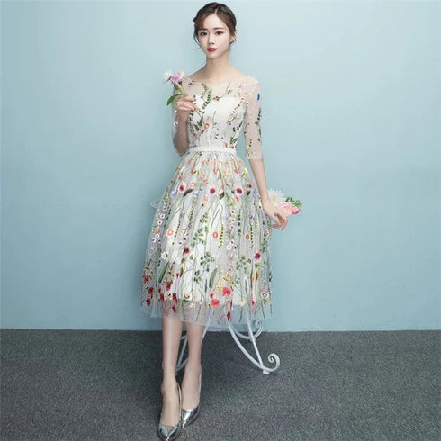 A-line Floral Knee Length Round Neckline Party Dress Homecoming Dresses