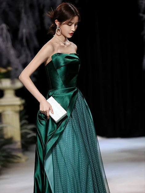 A-line Green Long Tulle Strapless Satin Party Dress Prom Dress Evening Dress
