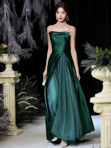 A-line Green Long Tulle Strapless Satin Party Dress Prom Dress Evening Dress