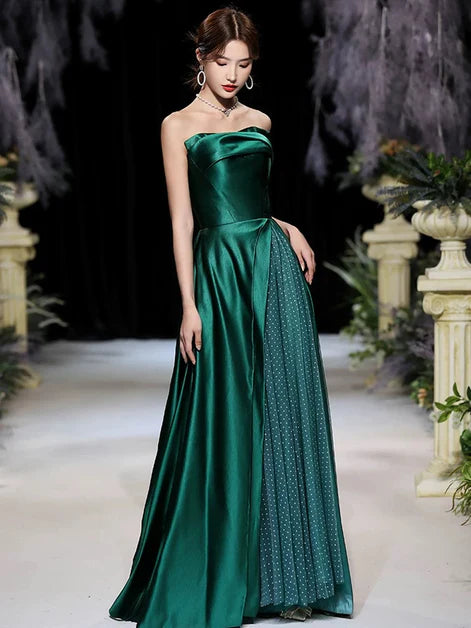 A-line Green Long Tulle Strapless Satin Party Dress Prom Dress Evening Dress