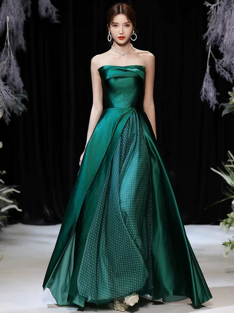 A-line Green Long Tulle Strapless Satin Party Dress Prom Dress Evening Dress