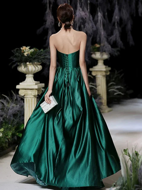 A-line Green Long Tulle Strapless Satin Party Dress Prom Dress Evening Dress