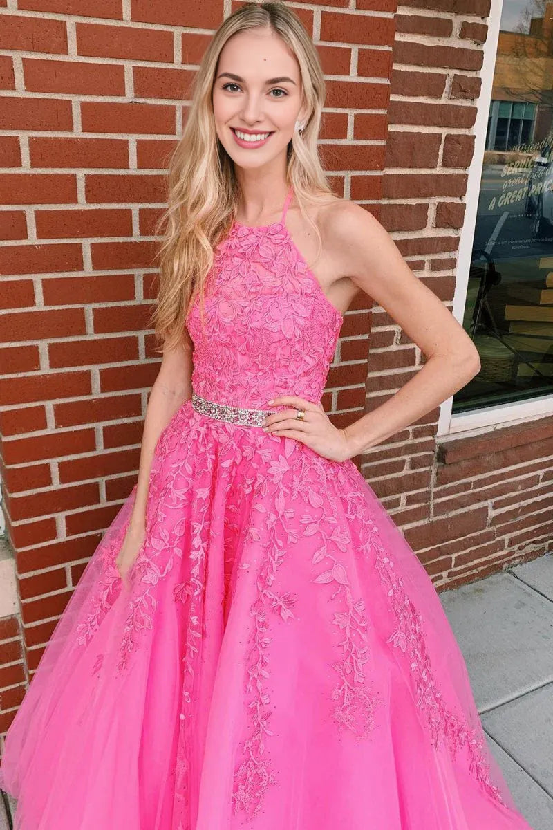 A-line Halter Appliques Beaded Tulle Hot Pink Floor Length Prom Dress