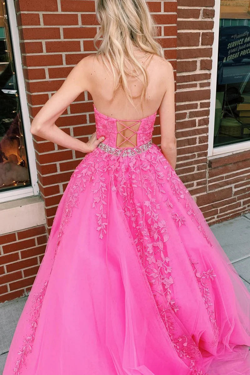 A-line Halter Appliques Beaded Tulle Hot Pink Floor Length Prom Dress