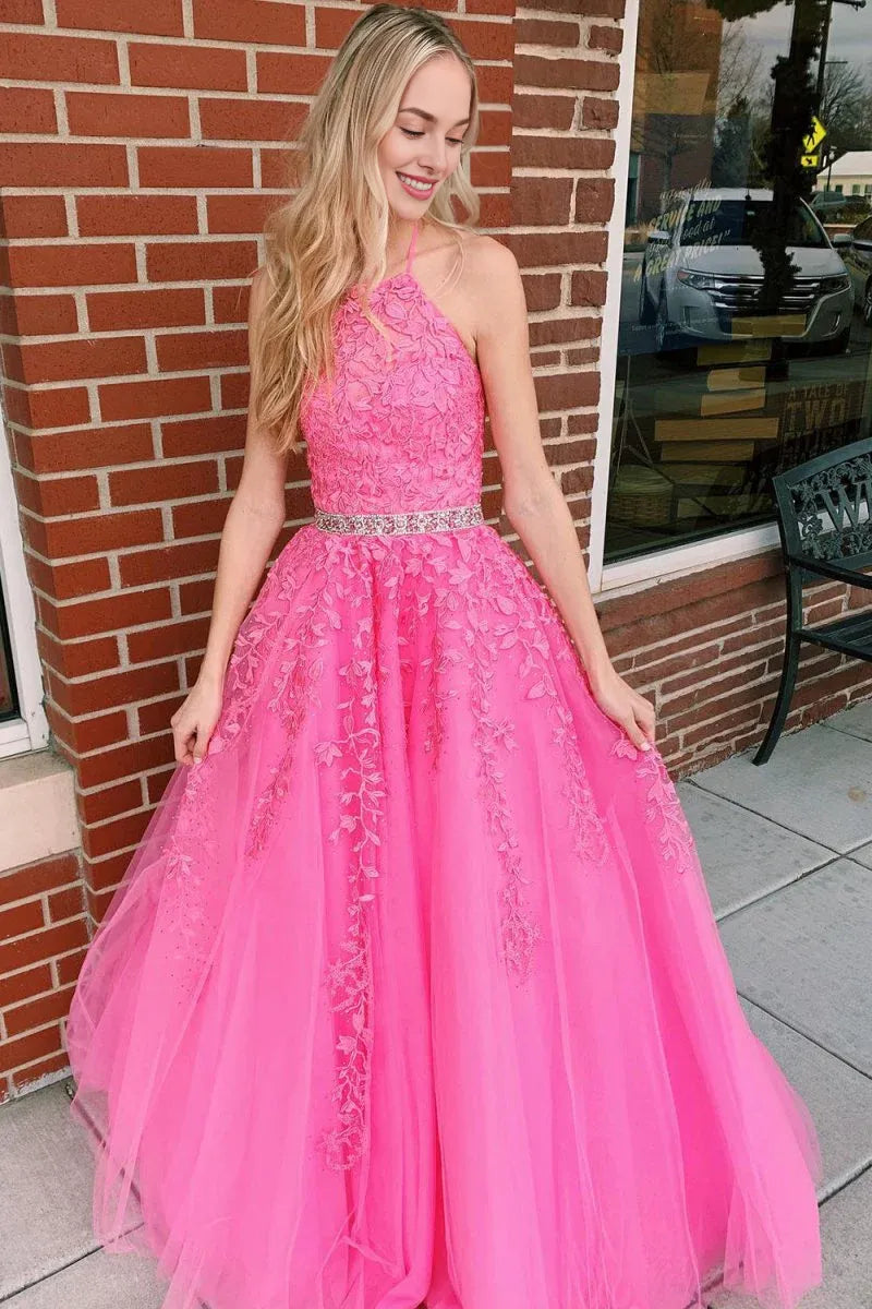 A-line Halter Appliques Beaded Tulle Hot Pink Floor Length Prom Dress