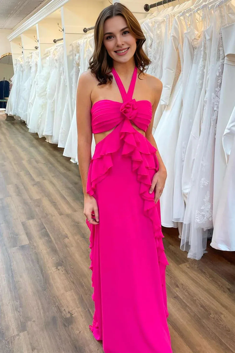 A-line Halter Cutout Ruffle Chiffon Magenta Long Formal Evening Dress