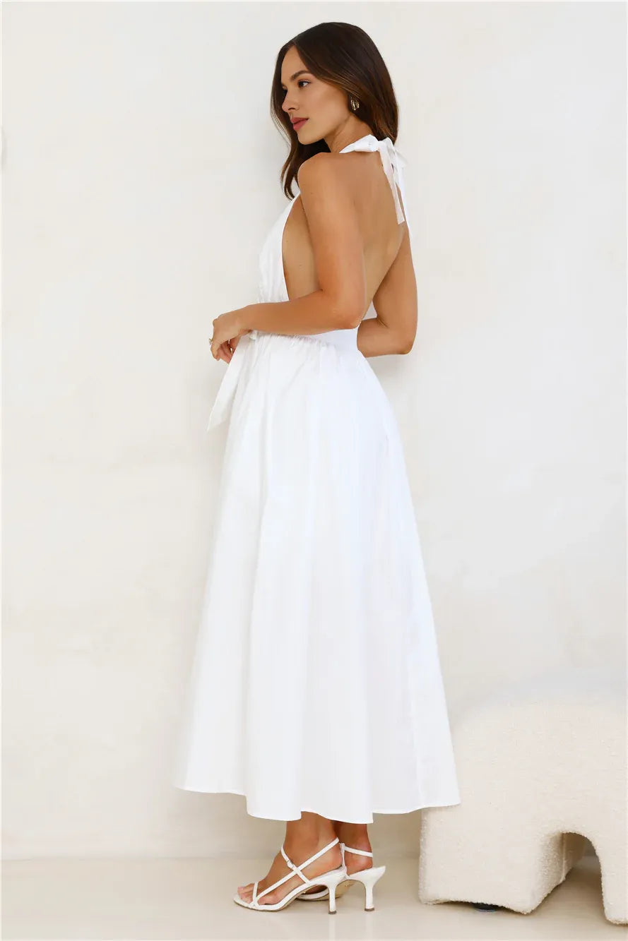 A-line Halter Deep V Neck Bow White Midi Prom Dress With Pocket Hot Sale