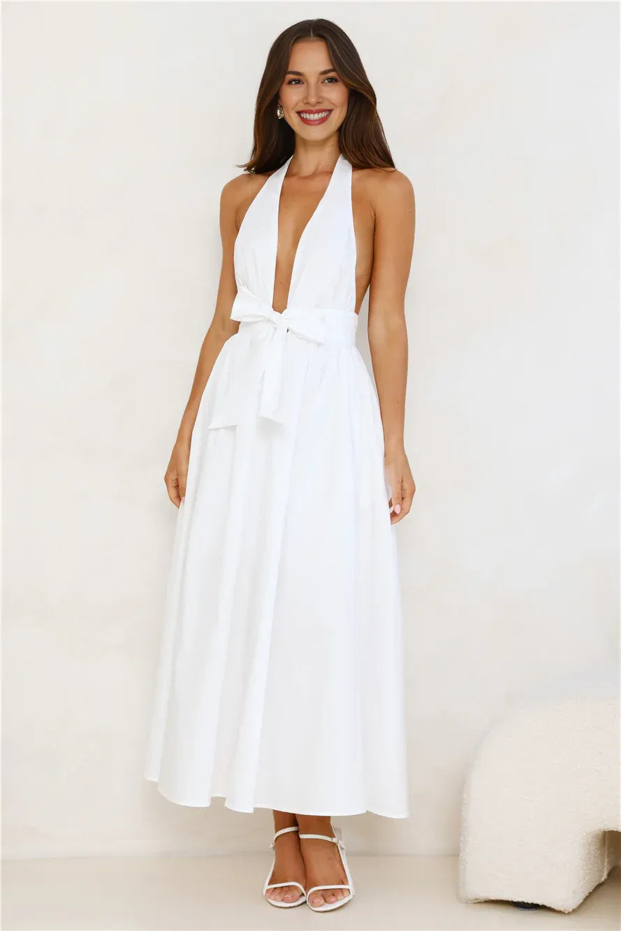 A-line Halter Deep V Neck Bow White Midi Prom Dress With Pocket Hot Sale