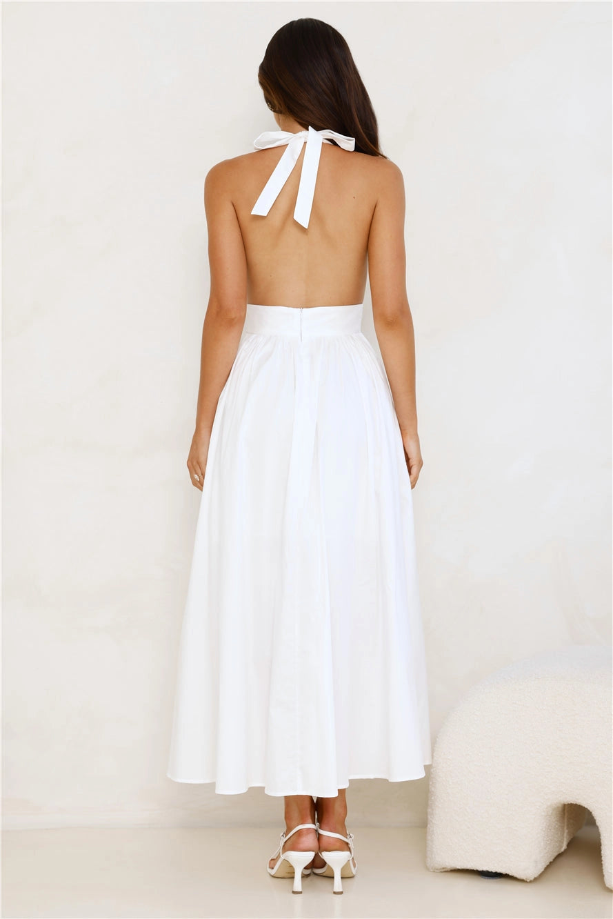 A-line Halter Deep V Neck Bow White Midi Prom Dress With Pocket Hot Sale