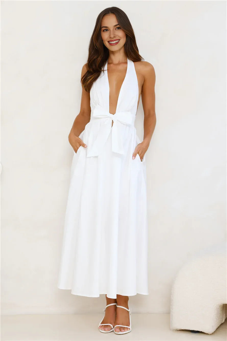 A-line Halter Deep V Neck Bow White Midi Prom Dress With Pocket Hot Sale